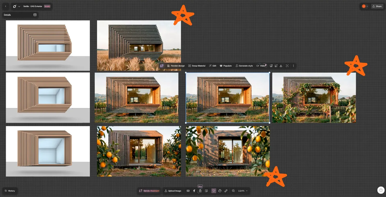 Gendo Canvas showing architectural render variations, sketches, and team comments on a shared project board