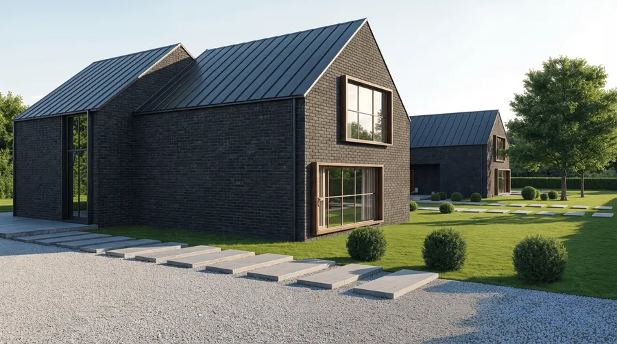 AI material exploration render showing a dark brick and standing-seam metal facade