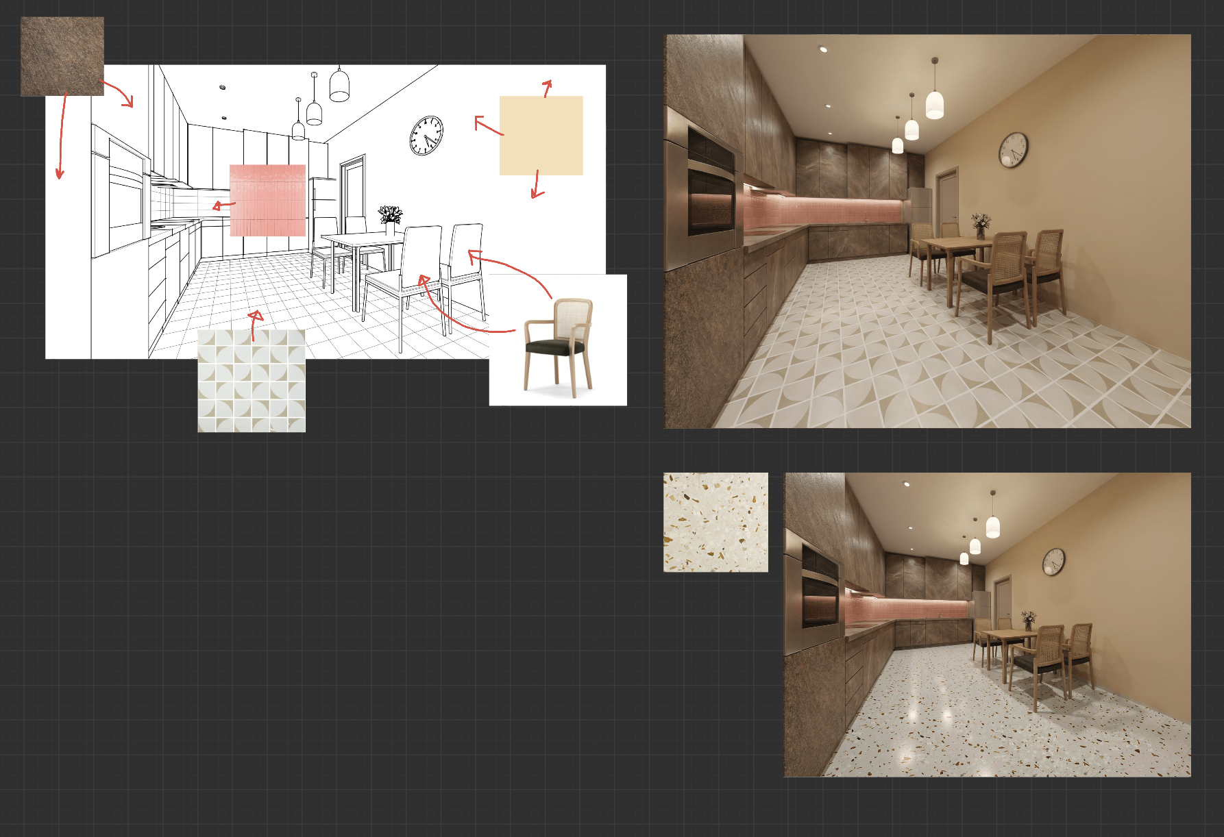 Kitchen line drawing with catalogue materials and furniture applied, shown alongside the rendered results