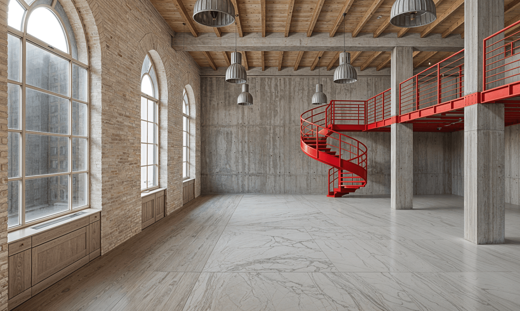 Keep the brick shell, add the red spiral stair