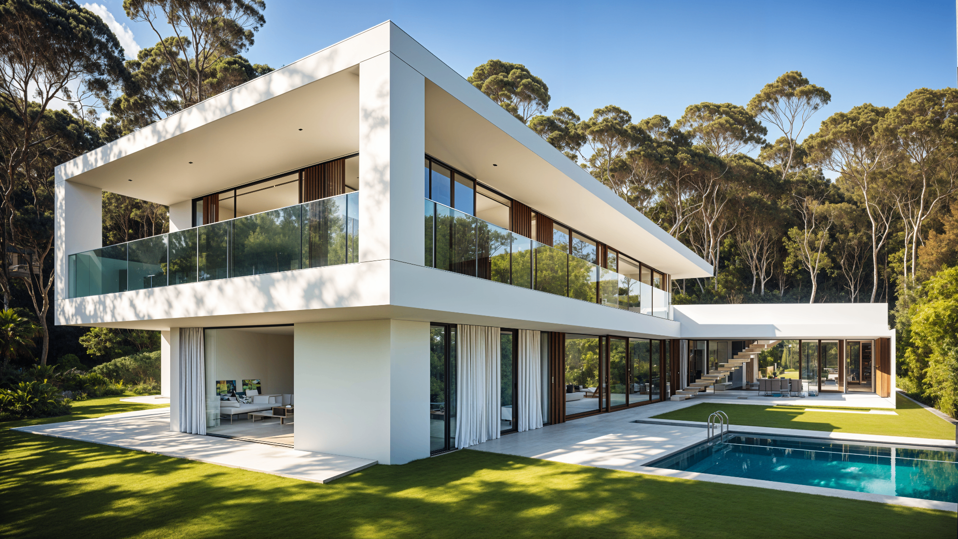 White render villa set into the eucalyptus, midday sun