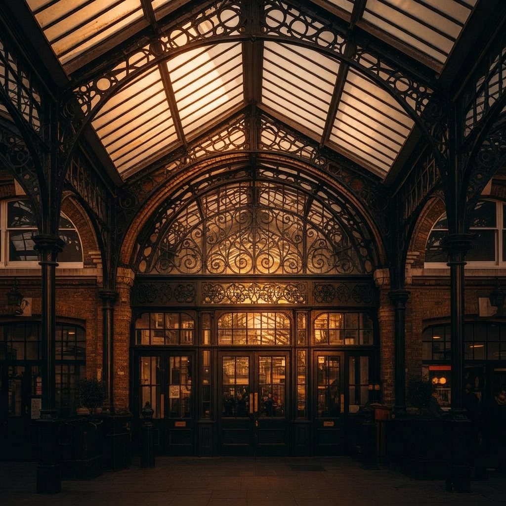 Market hall exterior at dusk