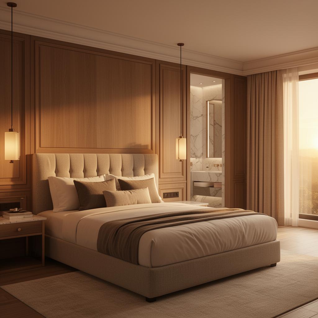 Boutique hotel suite interior render with upholstered headboard, created in Gendo