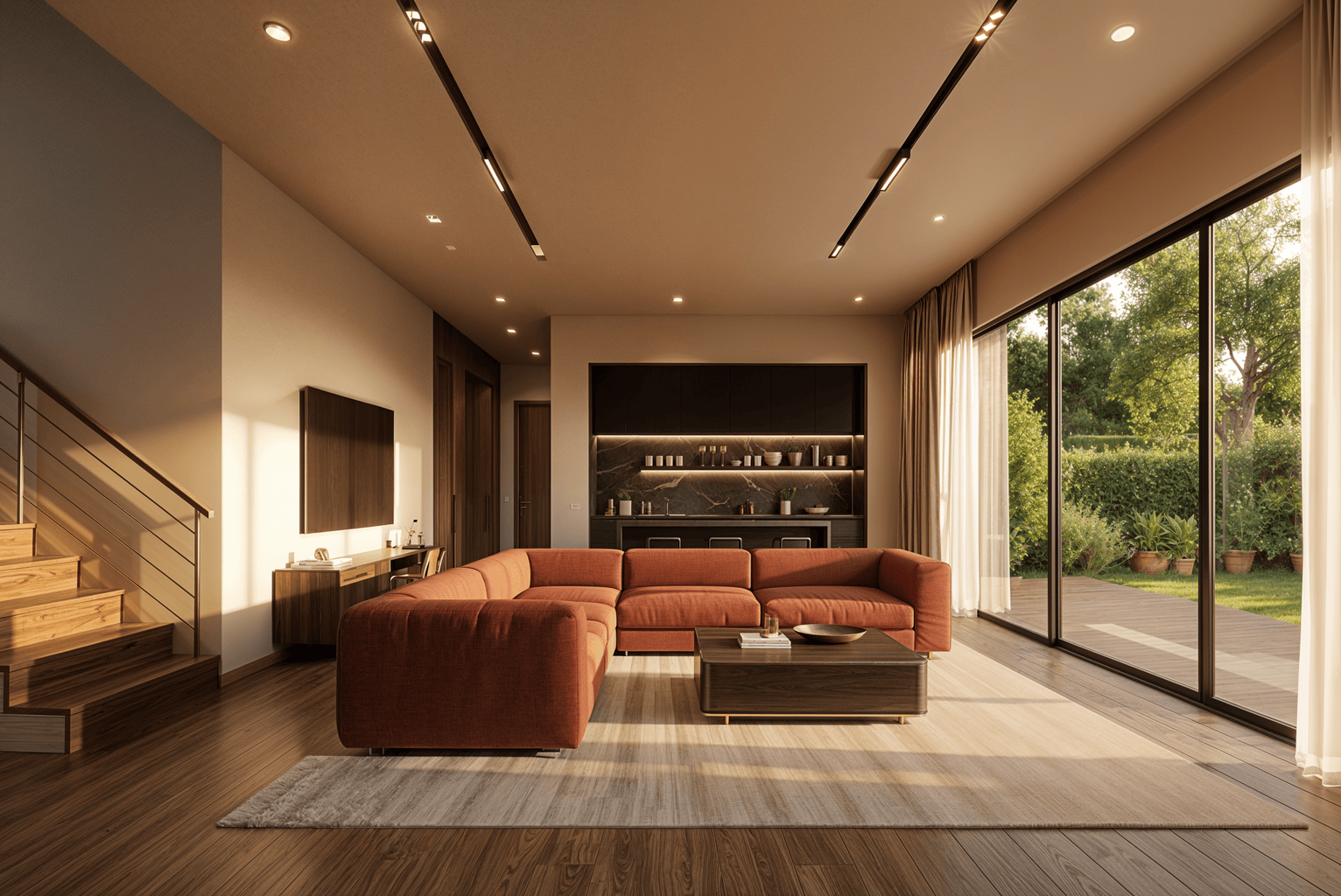 Interior render with terracotta upholstery, material option A