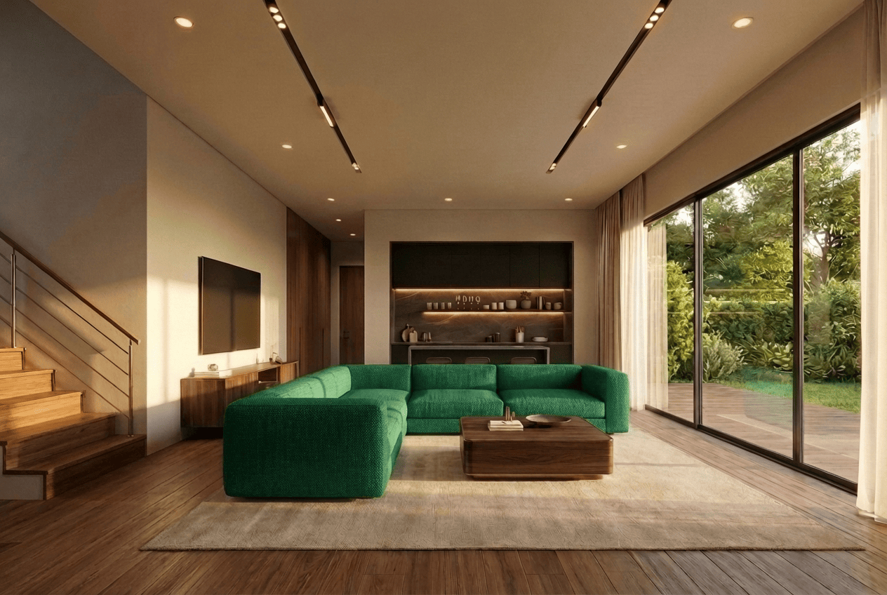 The same interior sketch rendered with emerald upholstery in Gendo