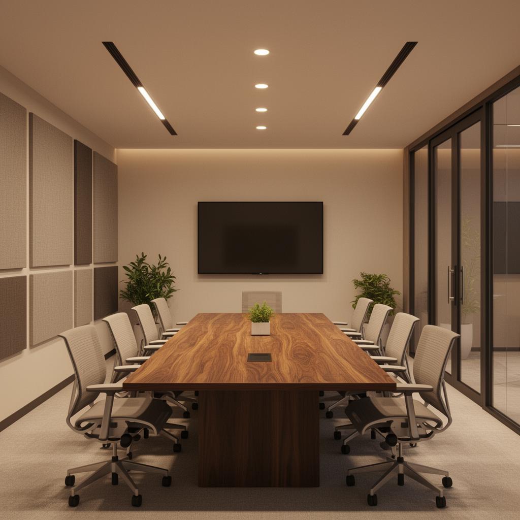 Meeting room interior render with walnut table and acoustic panels, created in Gendo