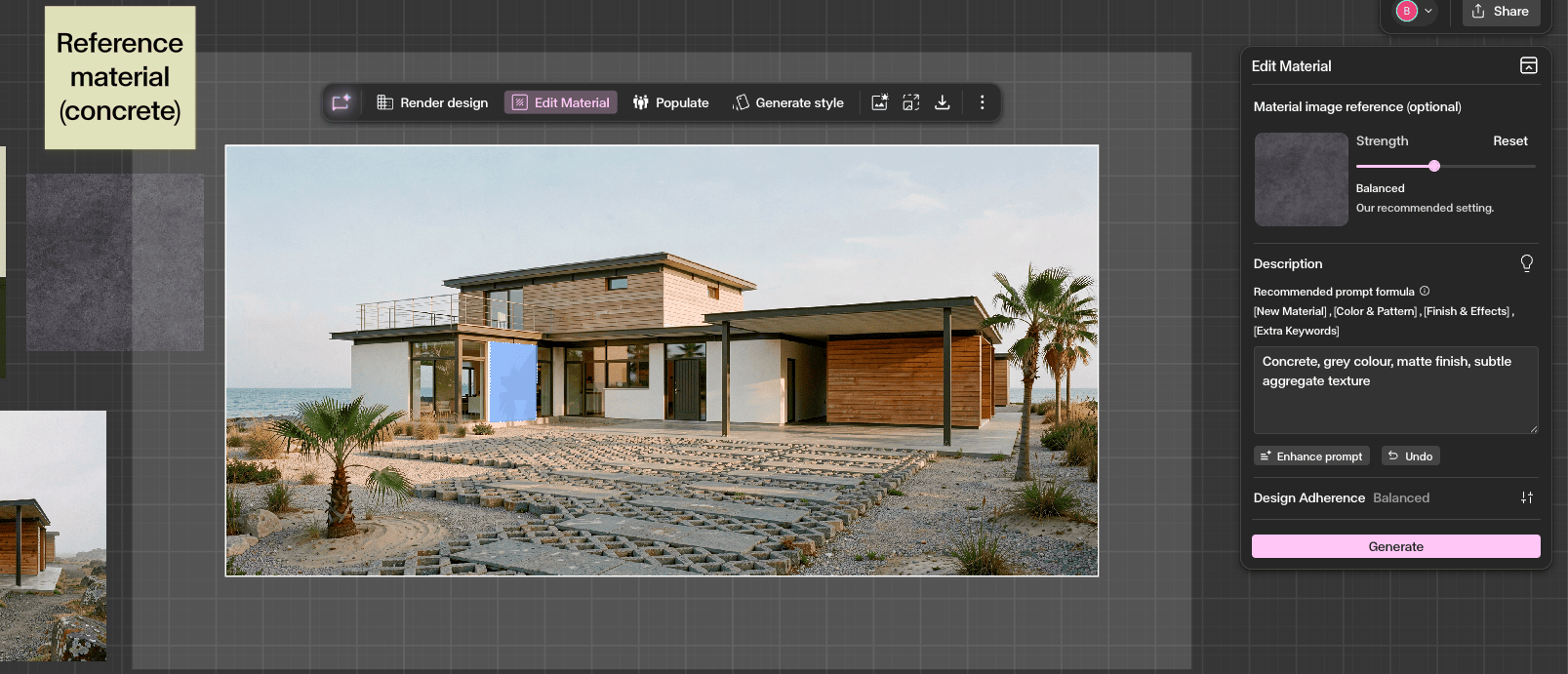 Gendo generating a photoreal interior visualisation with the selected material applied