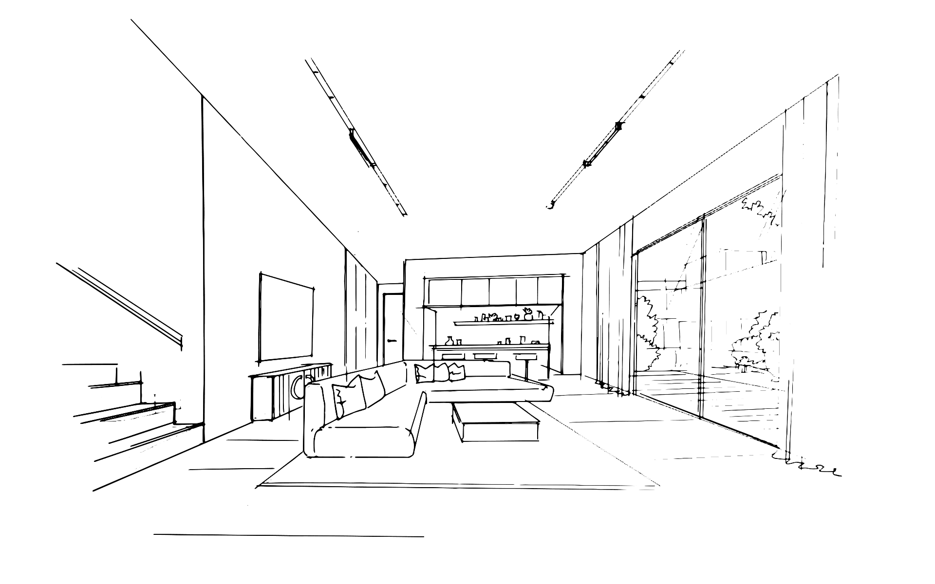 Render this interior sketch as a warm residential living space
