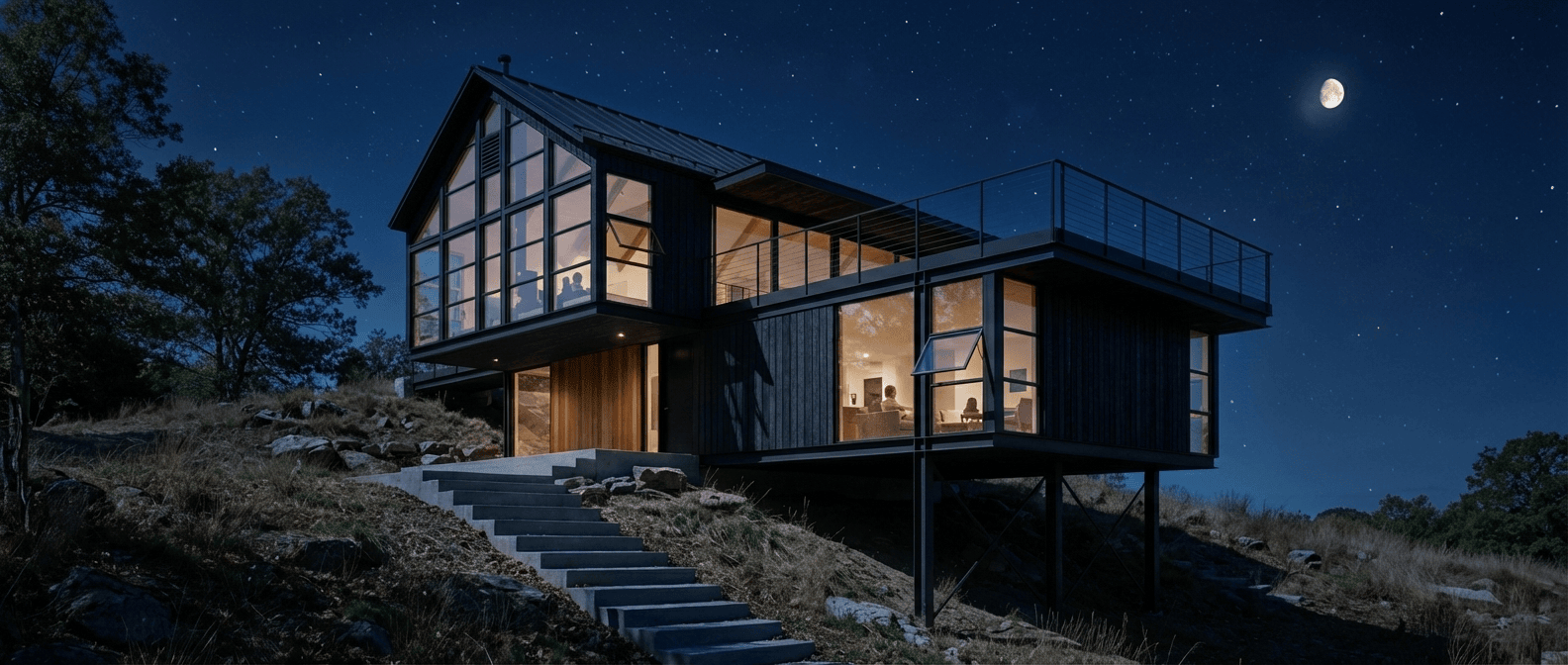 Keep the geometry fixed and make it nighttime with dim lights in the house.