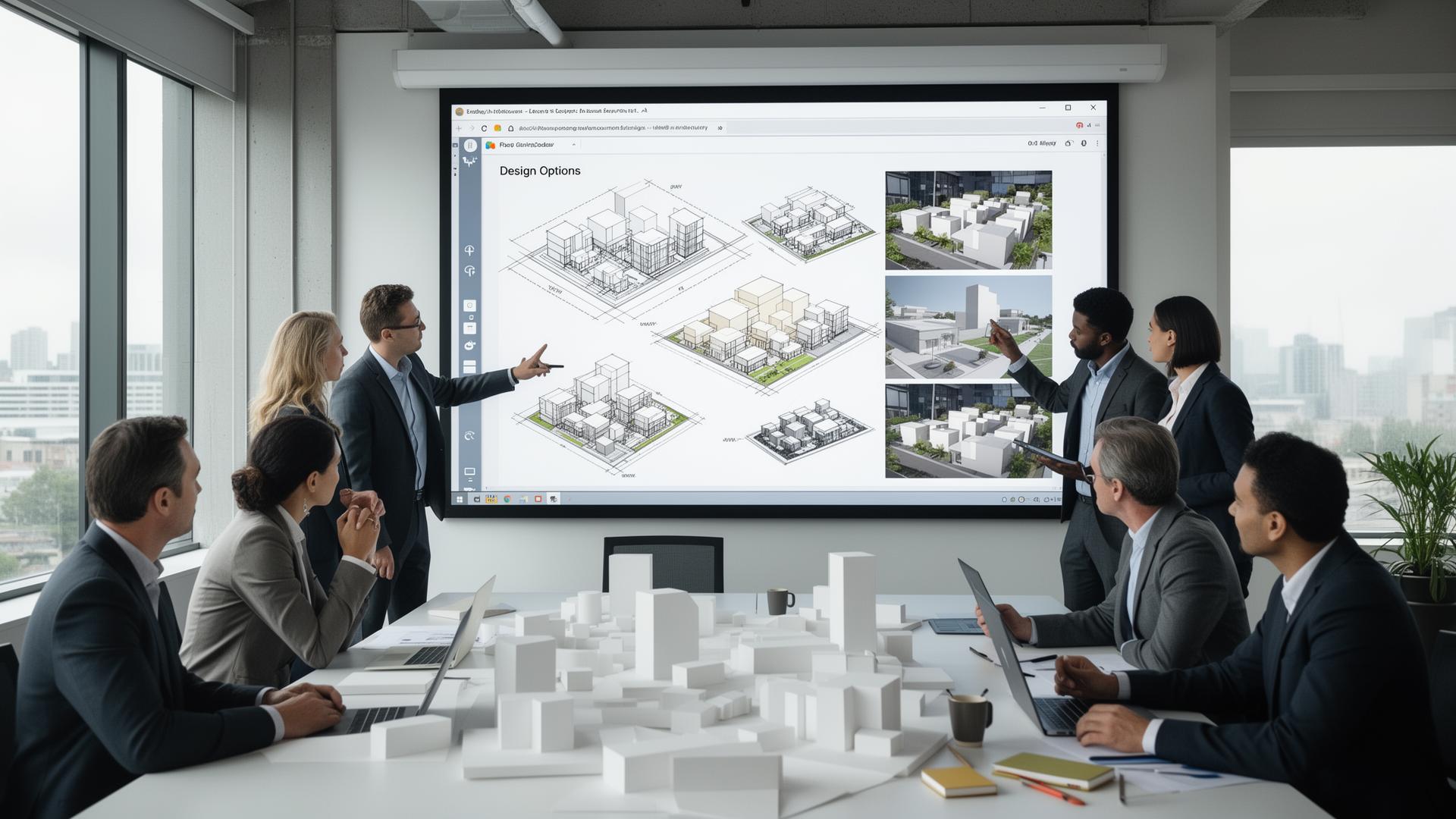 Architecture team conducting a concept review session with AI-generated renders