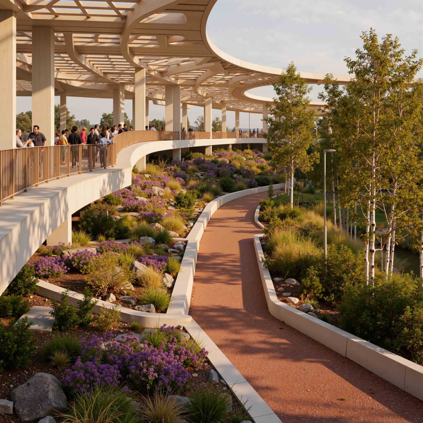 An elevated garden walkway through a dense urban courtyard, lush planting, dappled sunlight filtering through canopy