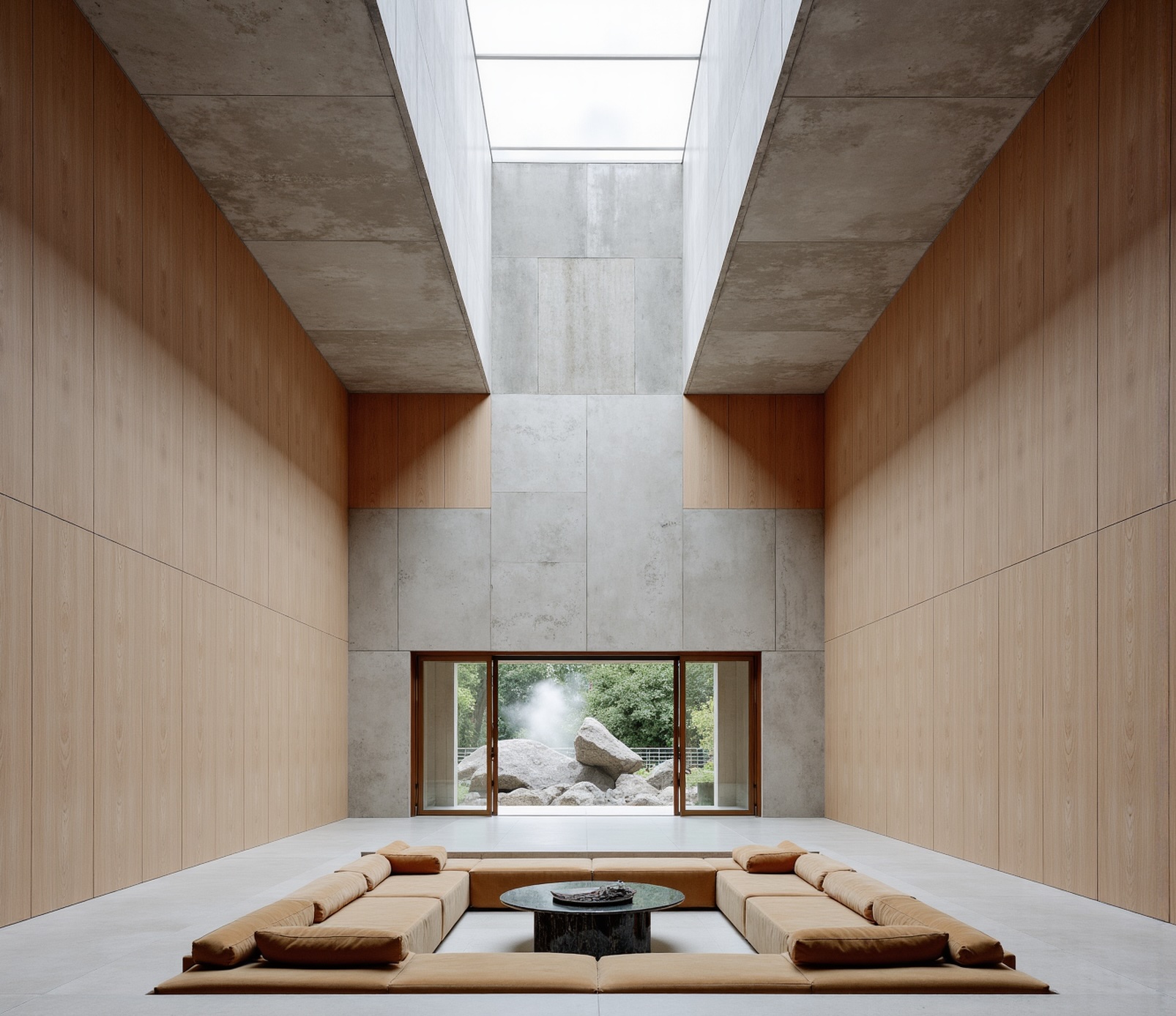 AI-generated modern living room render with oak flooring, neutral sofa, and floor-to-ceiling glazing — created with Gendo