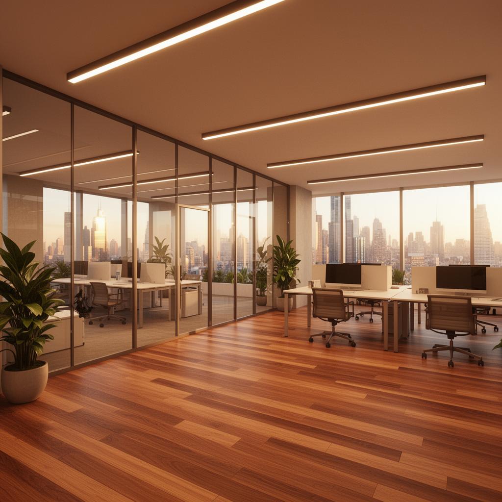 AI-generated contemporary open-plan office with glass partitions and city views — created with Gendo