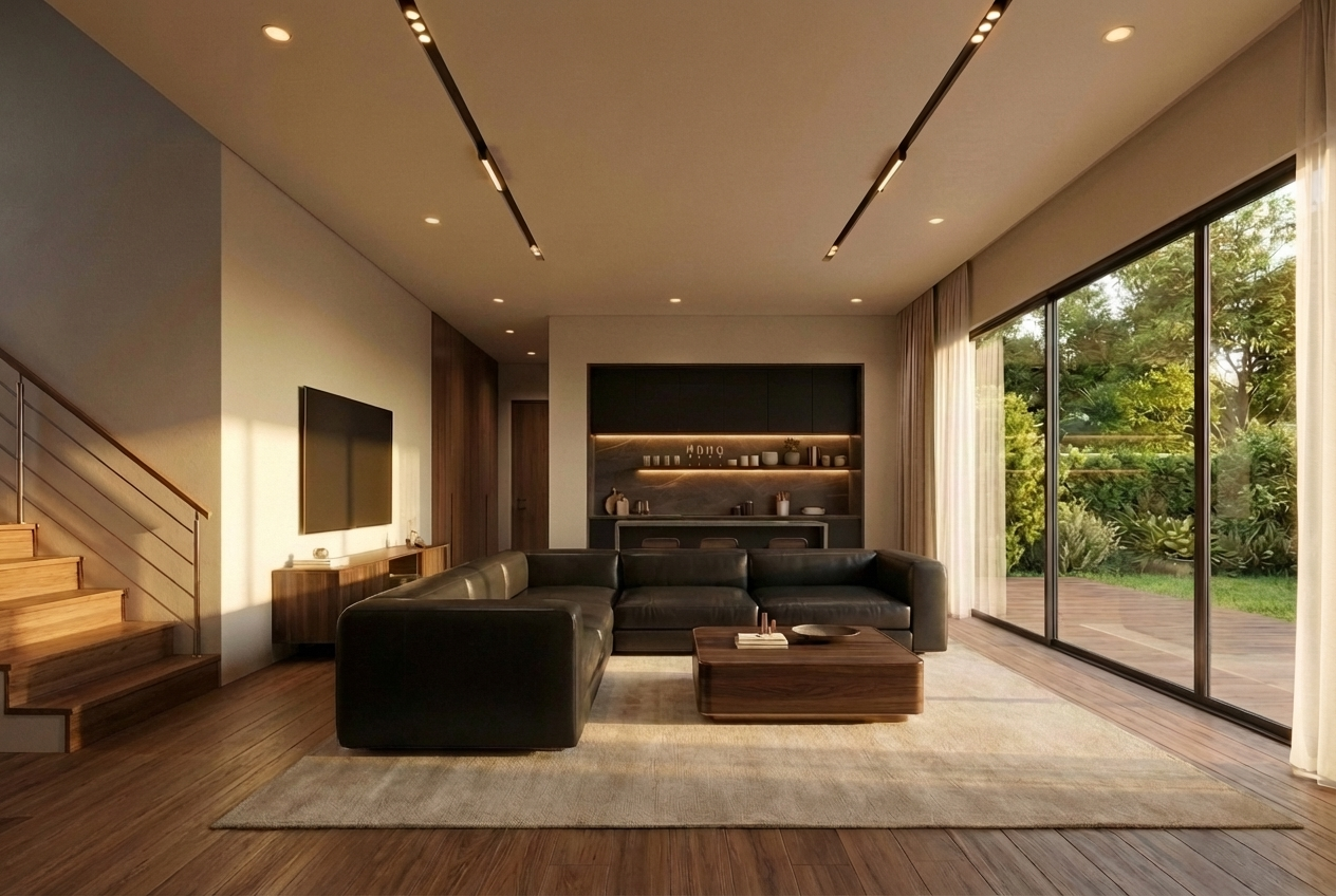 Same living room render with black leather sectional sofa placed via Gendo AI product placement