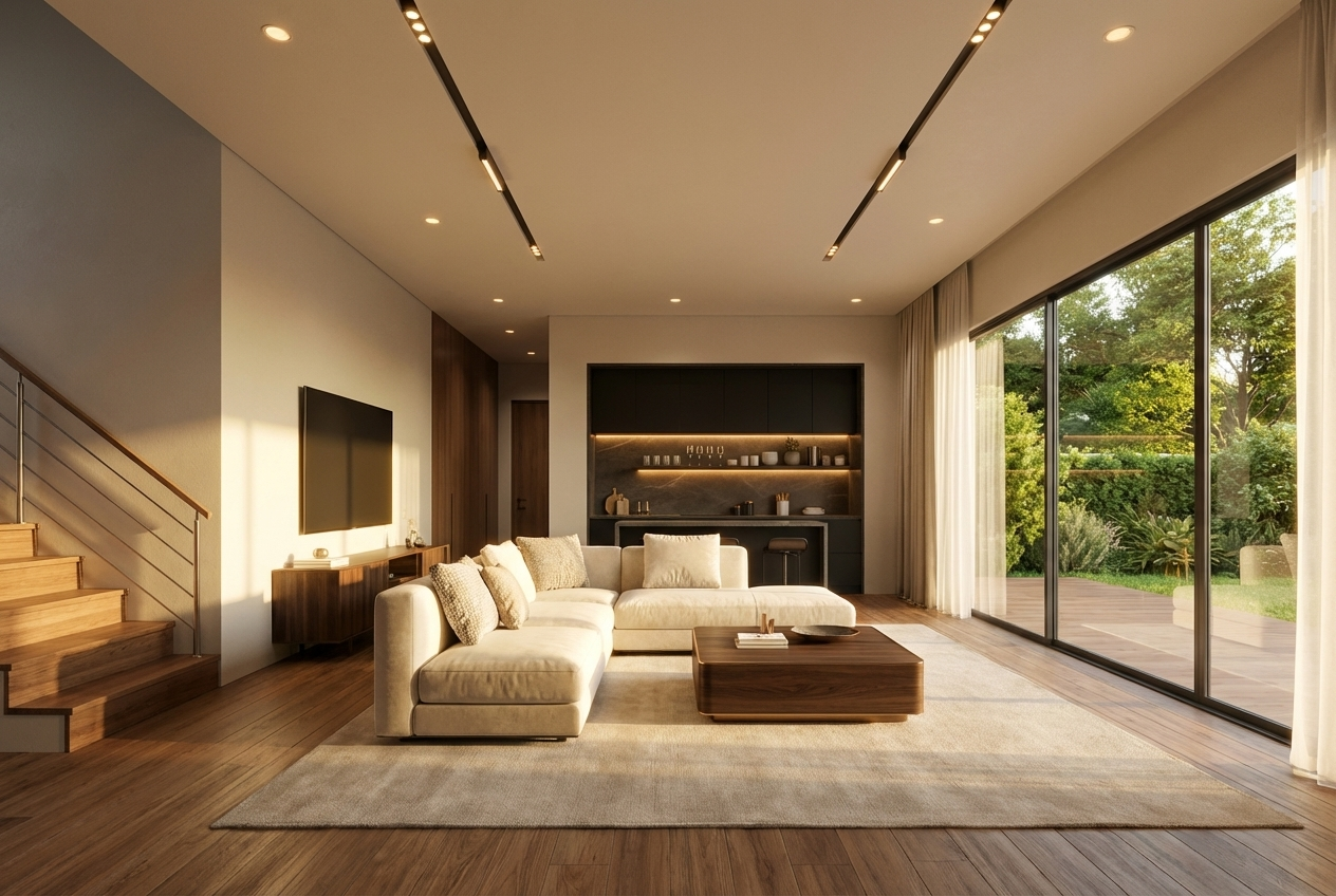 Living room render with original cream sofa — before product placement with Gendo