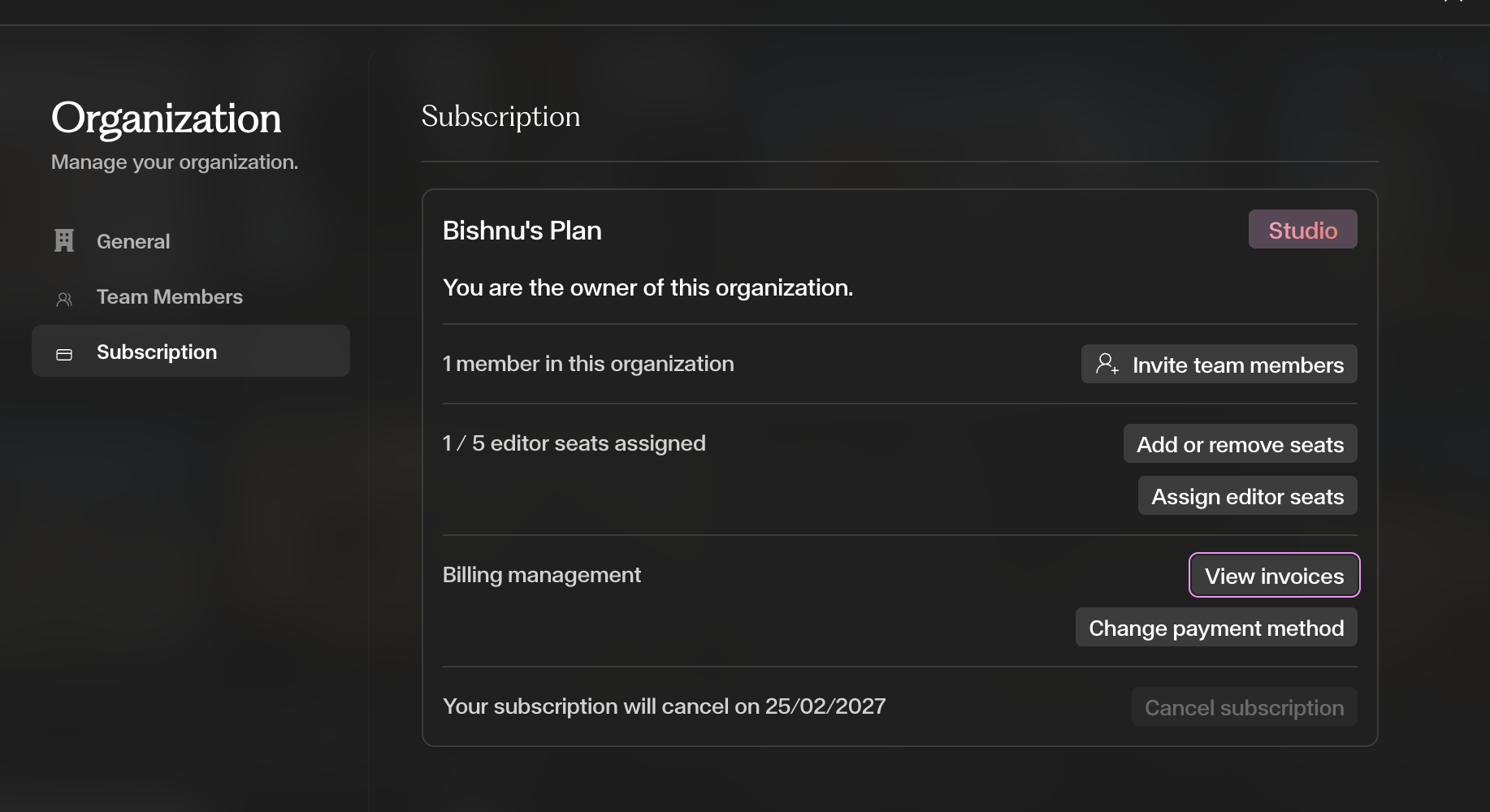 Open Subscription → Billing management