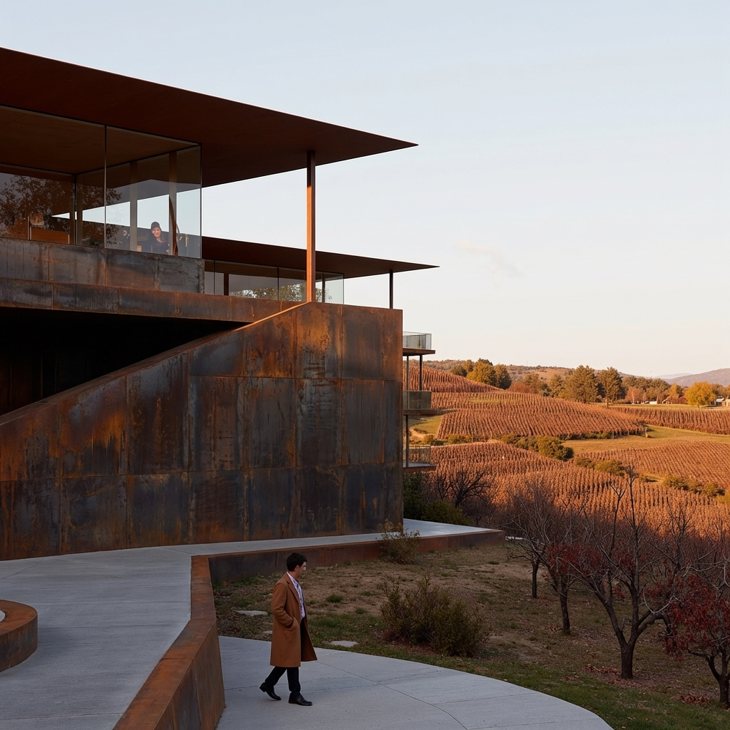 AI material exploration render showing corten steel facade options