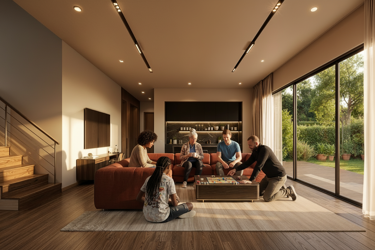 Add a family relaxing in the living room